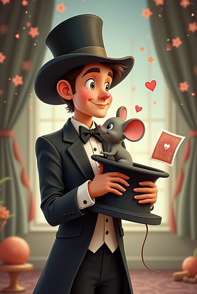 Cartoon illustration of an elegant magician with a playing card in his hat hugging a grey mouse  (Romantic)