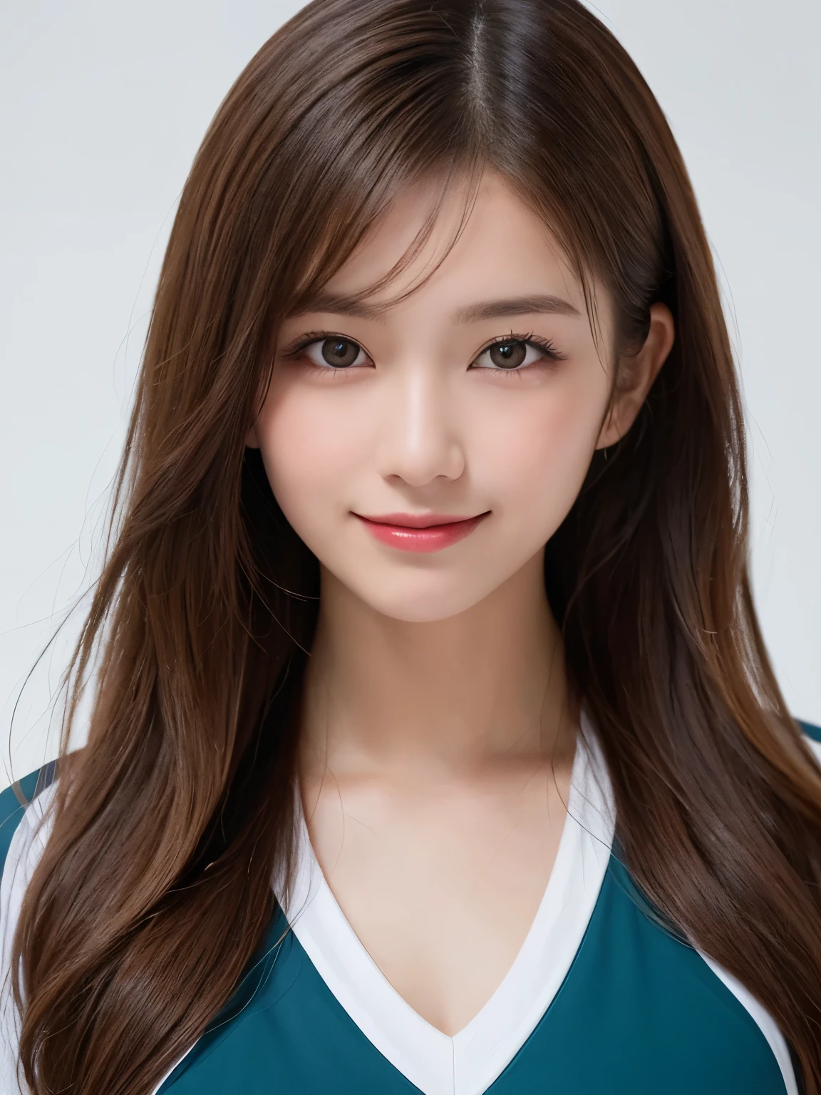white background, half body portrait, bust shot, looks happy, smile, one girl, (a beauty girl, delicate girl:1.3), (20 years old:1.3), break, (dress up as professional volleyball player), break, very fine eyes, (symmetrical eyes:1.3), break, C cup breasts, brown eyes, parted bangs, brown hair, (smile), break, (eyes and faces with detailed:1.0), break, (masterpiece, best quality, ultra detailed, detailed face, 8k)