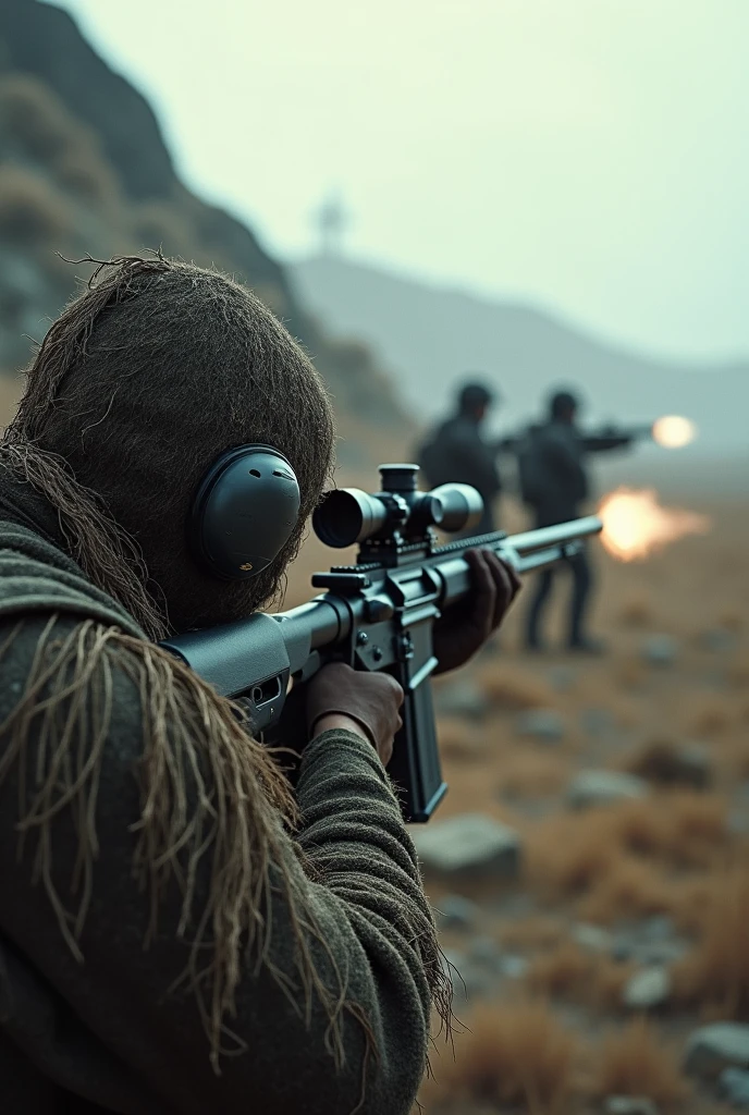 A scene in which four enemies are killed with a sniper rifle