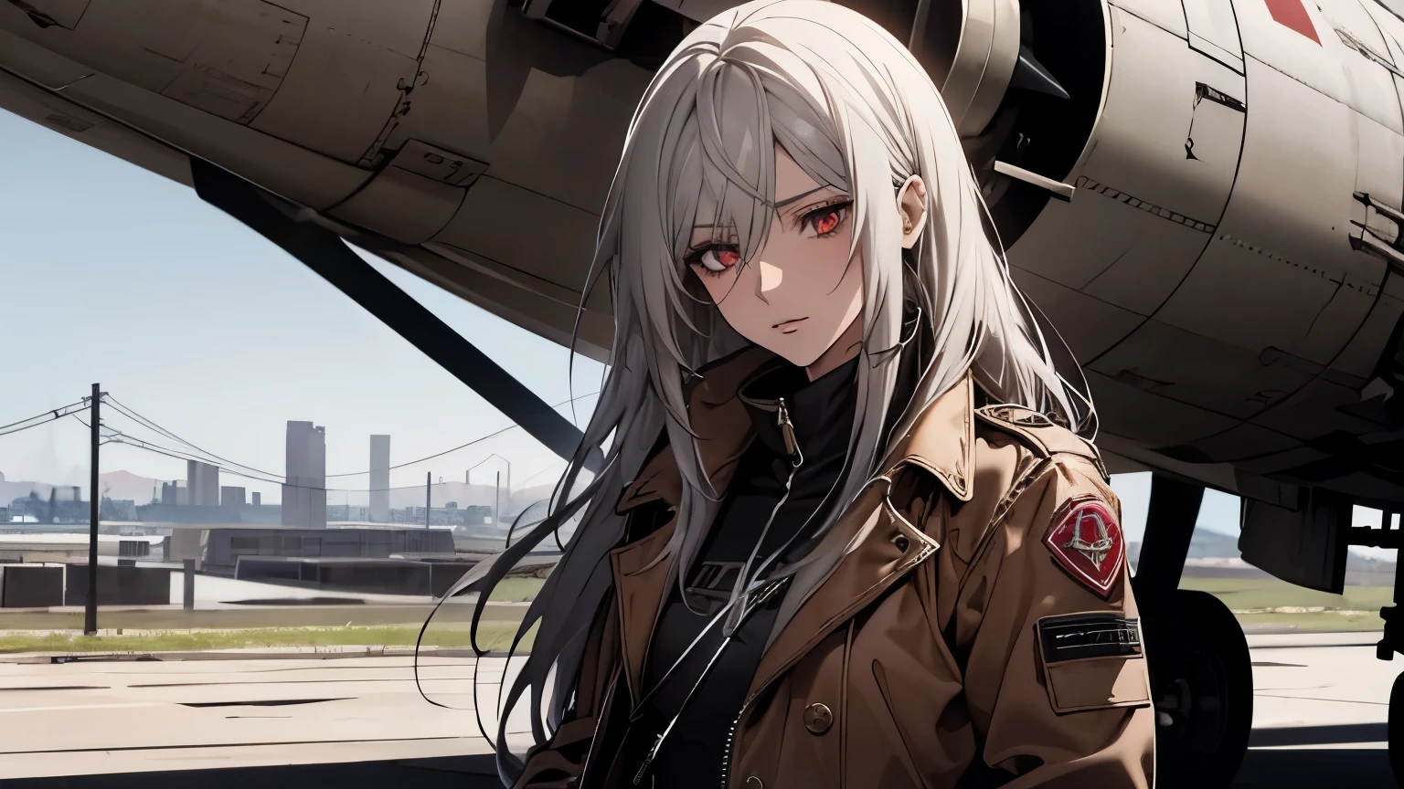 (Confused, High resolution, Very detailed), 1 female, Silver Hair,Long Hair,Crimson Eyes,Pilot jacket,skinny pants,coat,Leather handbags,24th generation,beauty,mature,thin,quiet,Calm,Small breasts,Thoughts,