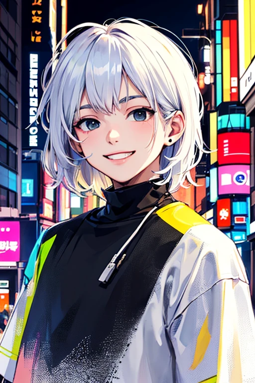 ((masterpiece)), (((best quality))), chromatic lighting,
colorized, white + black limited color palette,
detailed concept drawing,
Shibuya street guy, cyberpunk, futuristic, no weird object on his face,
portrait, 20yo 1guy, slender, T-shrit, short white hair, black eyes, smiling