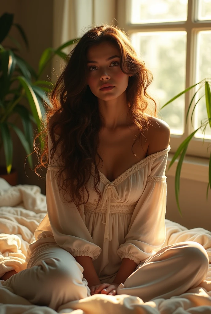 (photorealism:1.2), beautiful woman, sitting on bed, wearing loose off-shoulder top, pajama pants, long curly hair, indoors, soft lighting, plants in background, window with sunlight, cozy room, relaxed pose, realistic, intricate details, warm colors, by Greg Rutkowski, by Alphonse Mucha