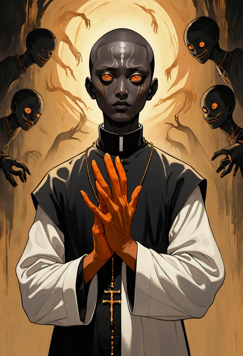 A priest with black gold skin, orange hands and short hair in the style of Junji Ito, with a minimal background