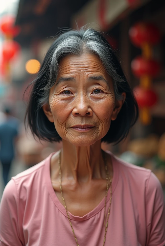 (photorealism:1.2), photo of an asia old woman 70yo with wrinkles, black shoulder length wet hair, slightly chubby, slightly dark skin and wearing soft pink shirt. background is traditional market virtual rendering, vray, highly detailed, cinematic Full HD 225K, 3D, Ultra Realistic, hyper photorealistic, 128K, Digital graphics, beautiful graphics. High quality 64k, K UHD, K HDR, 10,000+ HQ, 240FPS photos, by Greg Rutkowski, by Alphonse Mucha