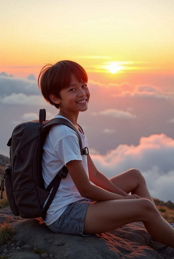 Highest quality, masterpiece, Ultra-high resolution, (Realistic:1.3), RAW Photos, (Nature landscape photography), (Majestic Mountain々The summit of the, sea of clouds), (On top of a very large mountain), (sunset), (One Girl), (Triangle sitting), (10 years old), (smile:0.9), (Glowing Skin), (short hair, Dark brown hair), (White T-shirt), (Casual shorts), (Carry a large backpack on your back), (Ultra detailed face), (Super beautiful poop), (Highly detailed eyes), (Highly detailed nose), (Highly detailed mouth), (Very skilled hands), (Super-detailed body), Sony a7, 85mm lens, f9.0, Pan Focus