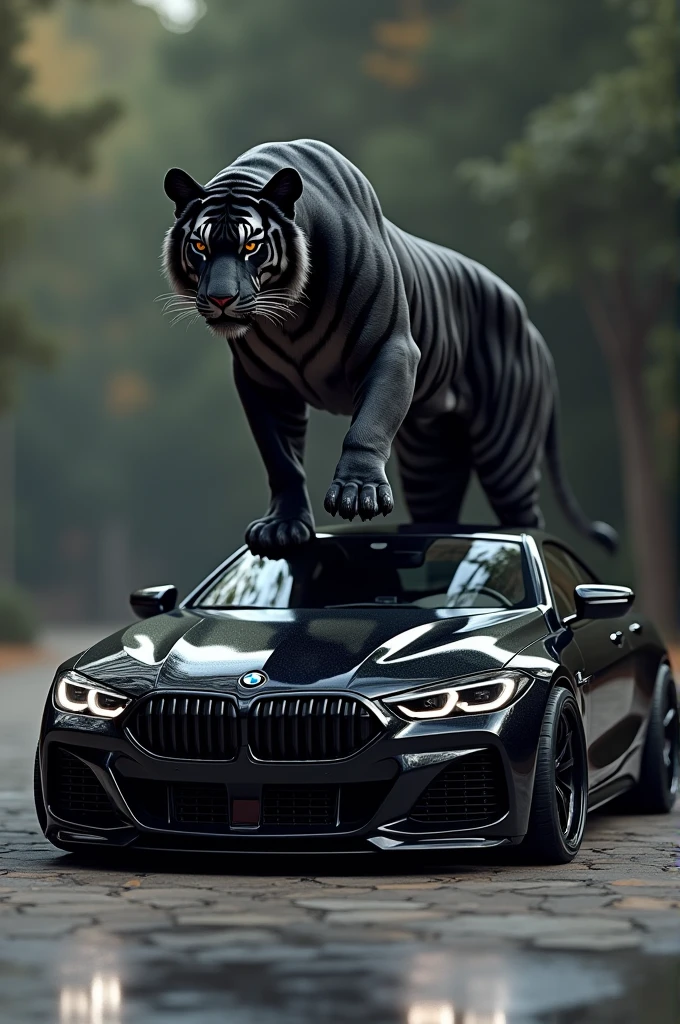 Tiger standing in two legs and wearing black coat , standing with black bmw car ,