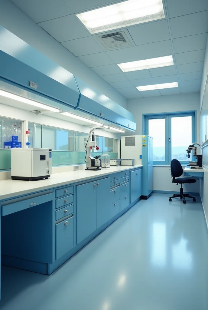 bacteriology laboratory: You should see 2 counters, one with nothing and the other with a security cabin on top.,a space below for the chair, an incubation oven, a refrigerator a washing area , a microscope, an autoclave