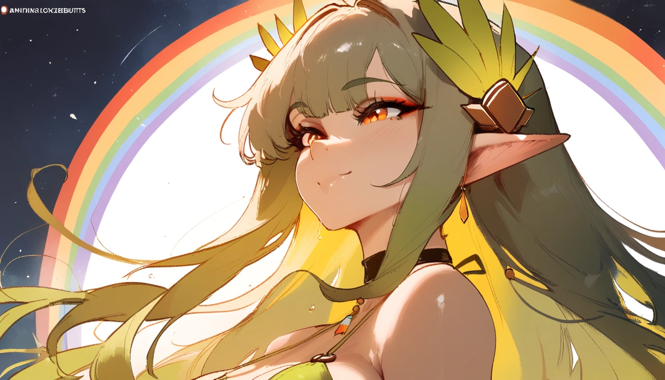 1girl, muelsyse \(arknights\), arknights \\\\\ masterpiece, best quality, very aesthetic, absurdres, newest \\\\\\ simple background, space background. lime bikini, greenery, water, orange eyes,elf ears, slim body,///// ,by nyantcha, cutesexyrobutts, by khyle,,////// 18 years old girl,thin waist ,,solo, , rainbow, ^_^, portrait, ,detailed face, crown