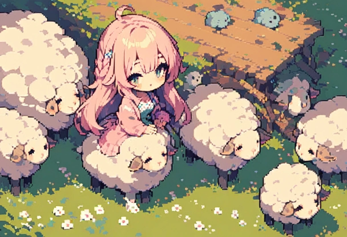 masterpiece, Highest quality, 8k, Pixel art, Vivid, young woman, Sheep, Full body portrait,  (I&#39;m worried, Metropolis, A row of skyscrapers, Looking at the map, Rolling eyes, Open your mouth), Fluffy long hair, Pink Hair, Hair like sheep&#39;s wool Thick eyebrows, one piece, Pink clothes, Long skirt, Light blue cardigan, Brown shoes, Travel Cart
