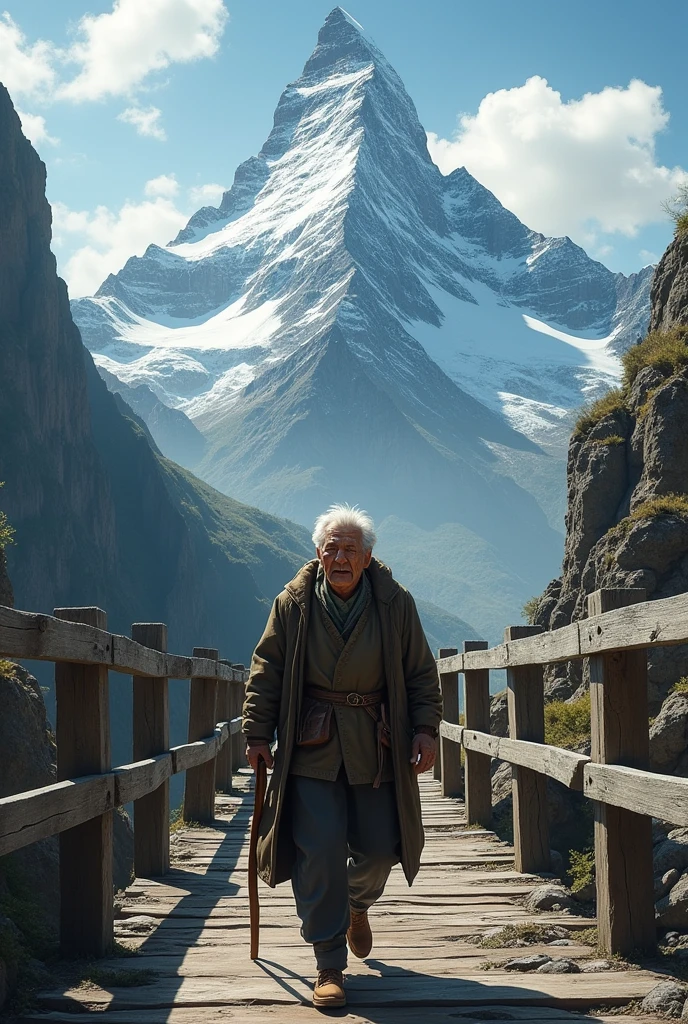 elderly man climbing wooden bridge leading to high mountain