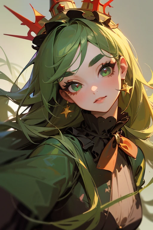 (Highest quality, masterpiece:1.2), High resolution, Very detailed, Realistic:1.37, Fantasy, An illustration, Green Eyes、Queen, Red and green swimsuit、Platinum decoration、beautifully、Eyeshadow Red、Thick eyebrows、Long eyelashes、pupils are black、Her hair is dark green、Gold crown、Kissing Face、Embarrassing、Beloved by the crowd、Hair is green、Braiding、hair ornaments、Laugh gently、From the waist up、((Gothic Lolita)).