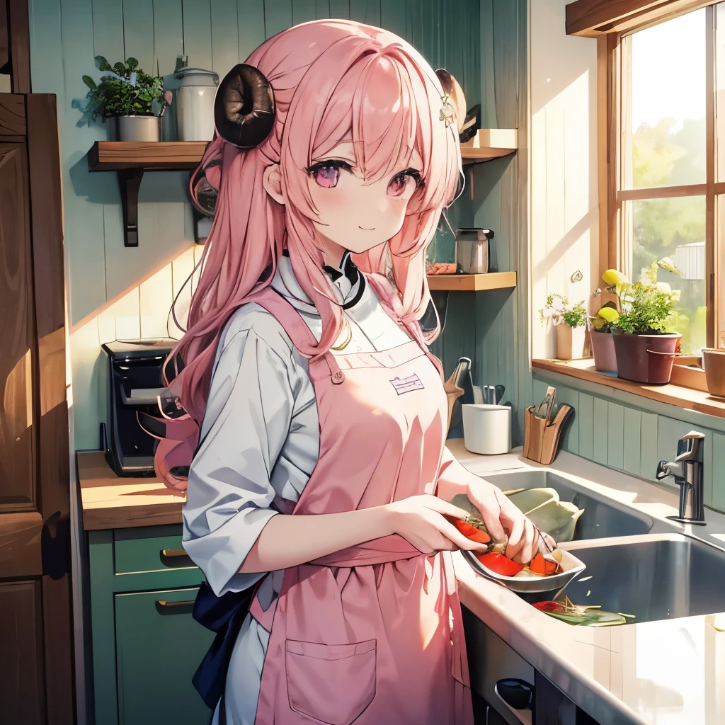 An anime-style illustration of ‘Fua-chan’ washing tomatoes and cabbage in a kitchen. Fua-chan has distinctive features: long pink hair styled in soft curls resembling sheep’s horns, and pink eyes. She is depicted standing at the sink, gently rinsing fresh tomatoes and cabbage under running water. She is wearing a cute apron over casual, comfortable clothes, with a focused and content expression as she prepares the vegetables. The background shows a bright and cozy kitchen with various cooking utensils, ingredients, and soft natural light streaming in, creating a warm and homey atmosphere. she is smile