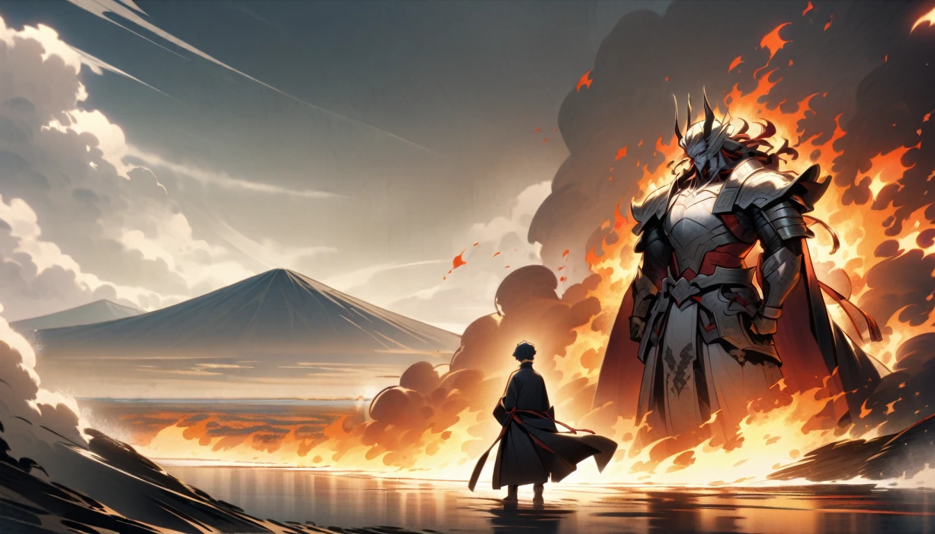 A scene of the boiling punishment being carried out。Ishikawa Goemon is standing quietly in the kettle.、His gaze is directed towards the distant landscape.。Flames dance around the kettle、In the midst of all this he remains resolute。