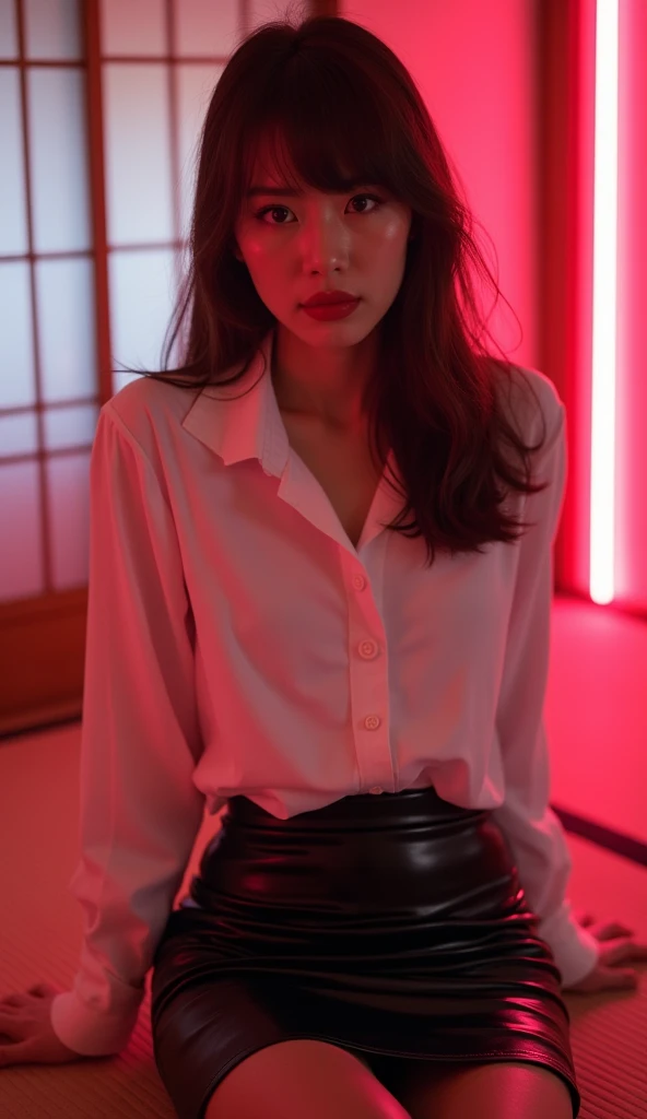 ((Japanese actress)) Mature Woman ((Plump, bright red lips with lipstick)) Big Breasts ((Brown hair with bangs)) ((Looking into the camera)) Sit with your legs apart ((White button shirt and black enamel tight skirt)) Low-angle shot of a person standing facing forward look down ((A bedroom with shoji and tatami mats lit up in pink neon lights))
