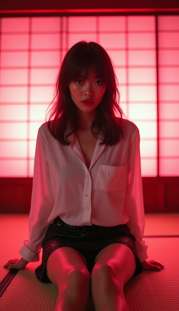 ((Japanese actress))　Mature Woman　((Plump, bright red lips with lipstick))　Big Breasts　((Brown hair with bangs))　((Looking into the camera))　Sit with your legs apart　((White button shirt and black enamel tight skirt))　　Low-angle shot of a person standing facing forward　look down　((A bedroom with shoji and tatami mats lit up in pink neon lights))　