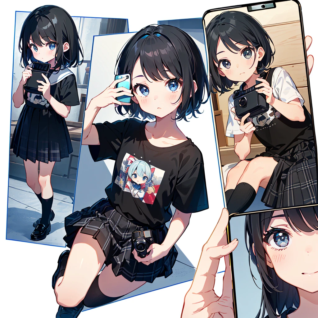 {{{Top Quality}}}, {{Very Detailed, High Detailed Face, High Detailed Beautiful Eyes, Super Detail: 1.3), (Delicate Illustration: 1.2)}}, Shinjuku Alta Mae, {{{ Top quality}}}, Elementary school girl (5 years old), ((Children's clothes (black short-sleeved T-shirt), plaid gathered pleated skirt (white vertical and horizontal lines), socks (black), shoes (black children's leather shoes)), ( (Young body)), ((((holding a smartphone (taking a picture of yourself with the camera)))))), chest (flat chest), round face, child: 1.25), (baby face: 1.2), ((short hand)),