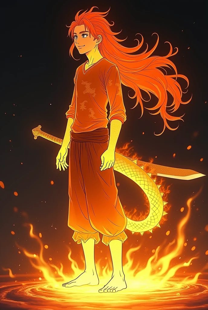 Man 12 years old, Fire Spirit, Transparent,anime, Chemise manches long, Peau jaune brillant, Long sleeve shirt, shiny yellow skin, gold dragon pattern shirt, , pantalon long Pirate, marché sur de l’eau noir, percé., Charred Skin, Sun Eyes, Orange Dragon Pattern Shirt, Red Fire Hair Yellow Tip, Long Hair Floating, Anime Style, No irises, transparent body, beautiful smile, sword on the back, flaming feet, fiery black background.