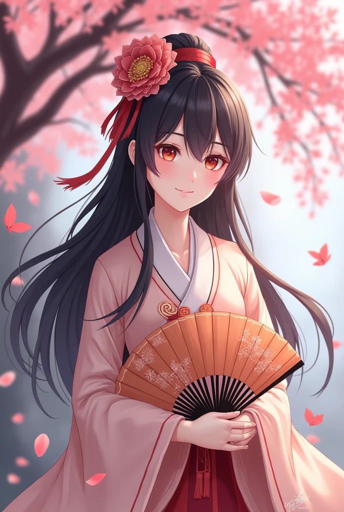 Genshin girl wearing hanfu standing fown chery blossom tree with black and peach haor color and mistyrose eyes color holding fan with smile