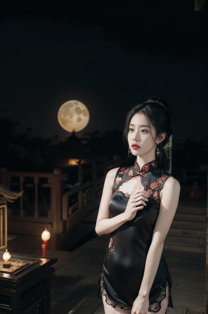 (((best quality))),(((ultra detailed))),(((masterpiece))),illustration,((1 beautiful girl,solo)),(bun hair:1.2),(Ghostly makeup:1.3),(fair skin:1.5),(red lips:1.2),(earrings:1.2),((slim,thin)),((small breasts,flat chest,cleavage)),(black floral embroidered lace sleeveless cheongsam:1.5),(thigh loop:1.3),(slender legs:1.2),(stockings:1.3),(standing:1.3),(A huge moon in the sky:1.3),(moonlit Chinese garden courtyard:1.3),(Ghost Festival:1.3),(Ghostly flames are drifting in the air:1.3),elegant and sophisticated,intricate patterns,curves,dark color,striking visual appeal,ethereal,enchanting,ghostly black blossoms,swaying branches,stone pathways,moss,eerie shadows,ancient pavilion,intricate wooden structure,mystery and intrigue,cicadas chirping,auditory symphony,embodiment of the festival's spirit,bathed in the moon's glow,delicate features,raven-black hair,waterfall of darkness,moon's luminance,captivating allure,sleek fabric,clung to frame,accentuating curves,highlighting beauty,striking appearance,ethereal beauty,hauntingly beautiful scene,captured essence,blend of beauty and mystery,(night scene:1.3),((from front,upper body))