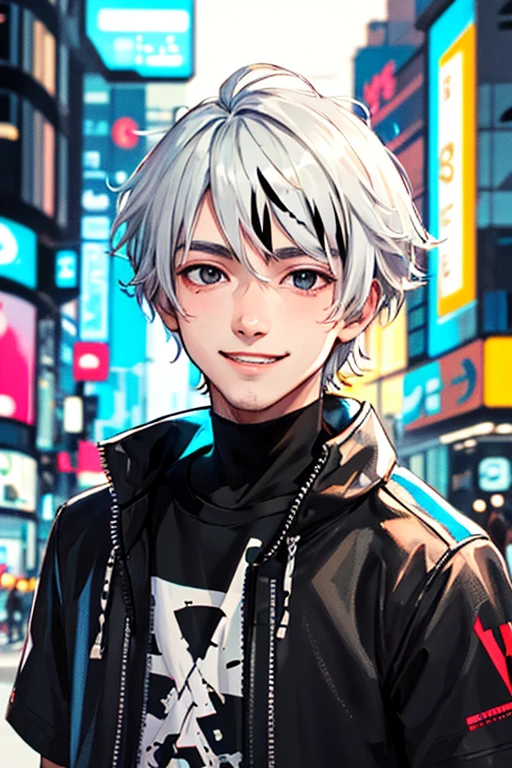 ((masterpiece)), (((best quality))), chromatic lighting,
colorized, white + black limited color palette,
detailed concept drawing,
Shibuya street guy, cyberpunk, futuristic, no weird object on his face,
portrait, 20yo 1guy, slender, T-shrit, short white hair, black eyes, smiling
