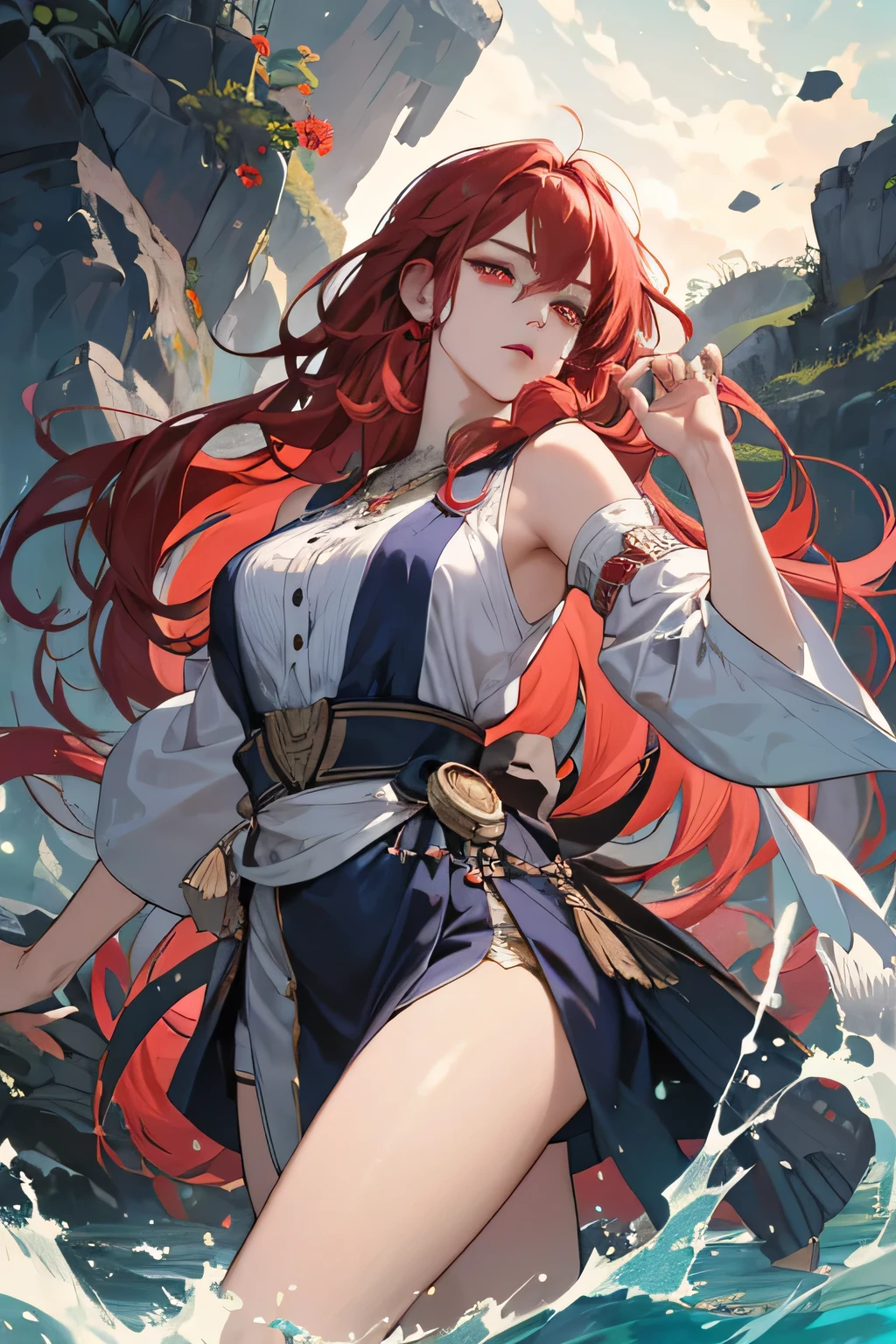 (Very handsome :1.2), 8K,(masterpiece:1.0),(the best_quality:1.0), 1 girl, and intricate details, Enlarged texture, and intricate details, Delicate eyes and delicate face, and intricate details, Seductive and charming, Bright light, Waist-length curly red hair, Like dense seaweed in a sea of blood, Countless complex patterns extend along the left side of her body., Like some kind of ancient amulet, Spread to left arm, Left leg and even left eye pupil, (Shut up), Red eyes, Tired eyes, Equal eyes, Carolina Eyes (Human female)