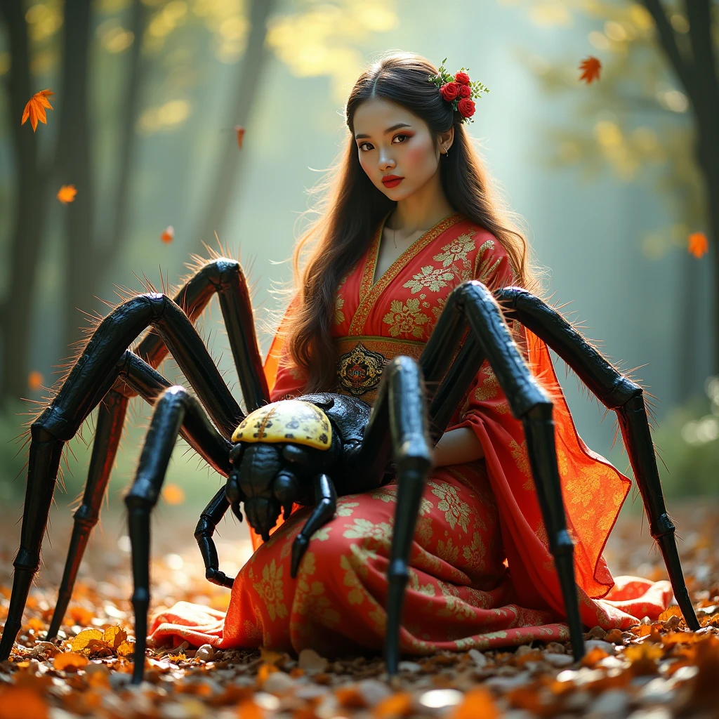 **Basic composition**:
- 「Upper Bodyは美しい女性、Lower Bodyは黄色と黒の女郎蜘蛛」,Monster Spider Woman - **Upper Body**:
- 「美しい日本人女性のUpper Body、Idol」「Wearing gorgeous Japanese clothing」「The kimono is bright red and gold.」「A kimono with detailed embroidery」「Graceful posture」「Long brown hair, bangs」「Glossy hair flows down her shoulders」「White smooth skin、Big Breasts、Very large breasts」「Mystical Eyes」「solid makeup、Red Lip」
- **Lower Body**:
- 「Yellow and black body of a female spider」「Large abdomen」「8 long legs」「Black shell with yellow stripes」「Strong and thick legs」「Delicate spider pattern」「A transparent shell」「Distended abdomen」「Spitting out spider webs」「The threads are stretched out in the air」
- **Description of thread**:
- 「The spider's abdomen emits radial threads.」「Threads delicately spread in the air」
- **Emphasis on integration**:
- 「A woman's body from the waist down naturally transforms into that of a spider」「女性のUpper Bodyと蜘蛛のLower Bodyが滑らかに接続されている」
- **background**:
- 「Bright Forest」「Light shines in」「Ground of fallen leaves」
- **atmosphere**:
- 「Fear meets beauty」「A presence like no other」「The harmony of Japanese beauty and terror」