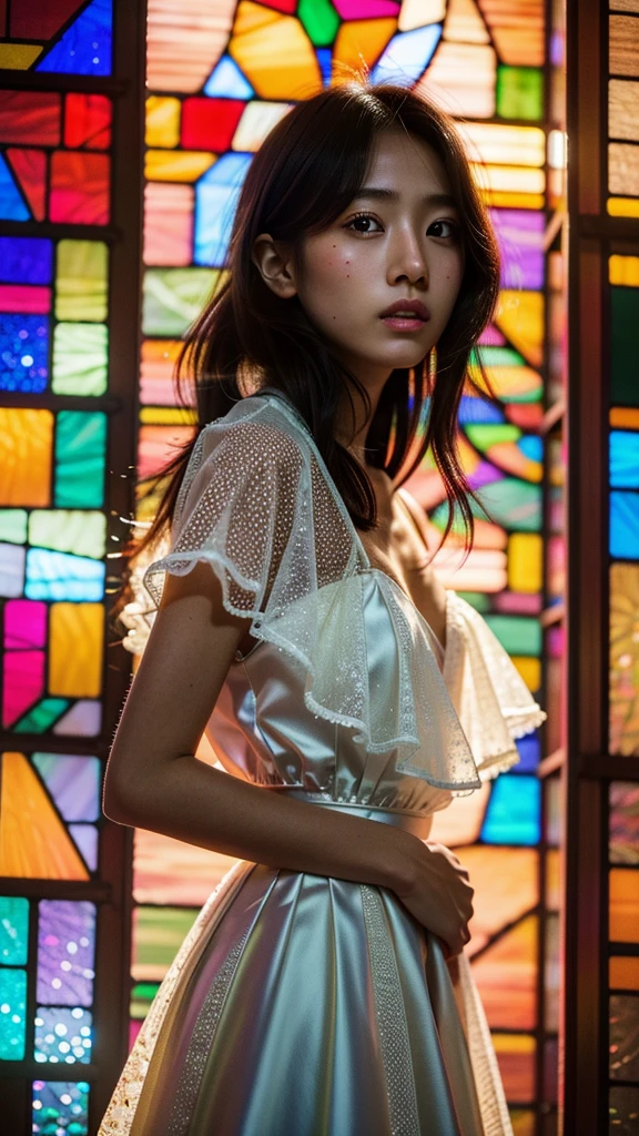 software, Concept Art, Little Junior Idol, (A white dress made of delicate lace with attention to detail), (Nipples:-0.9), Face close-up, (Intricate stained glass background:1.37), (((Renbutsu Misako), Colorful light shining through delicate stained glass:1.2, Bright red, Luminous Particles, Particles of light))(Accutance:0.8). (Professional Photo:1.2),(Very detailed:1.37), (Very detailedKAWAII顔のバリエーション, Variations of innocent facial expressions), Rosy Cheeks, Exquisite eyes with shimmering highlights, Long and voluminous eyelashes, Slight redness in the face. Mysterious sight, mist, Clear, flawless, radiant pearly skin, Captivating Gaze, ((Dynamic Angle)), Body proportions and limbs are anatomically correct . (Expose:0.44)