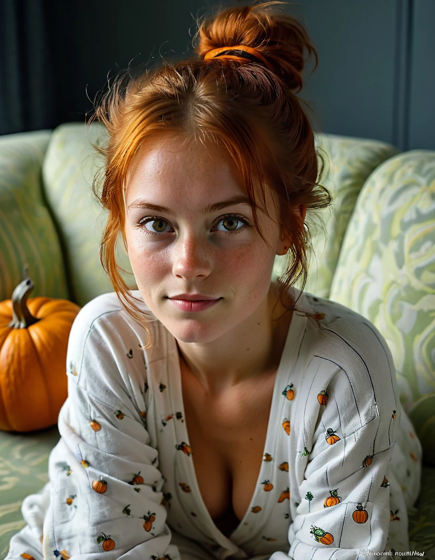  Hasselblad Award Winner, sharp, ********** cute and natural british girl posing on a sofa, light smirk, Pumpkin-Spiced Red bun hair, porcelain white skin texture, perfect luscious body, big expressive lime eyes, cute pyjamas, rim light