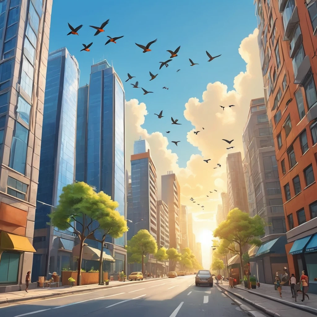 Cartoon of a street with a sunny sky with clouds and birds and skyscrapers