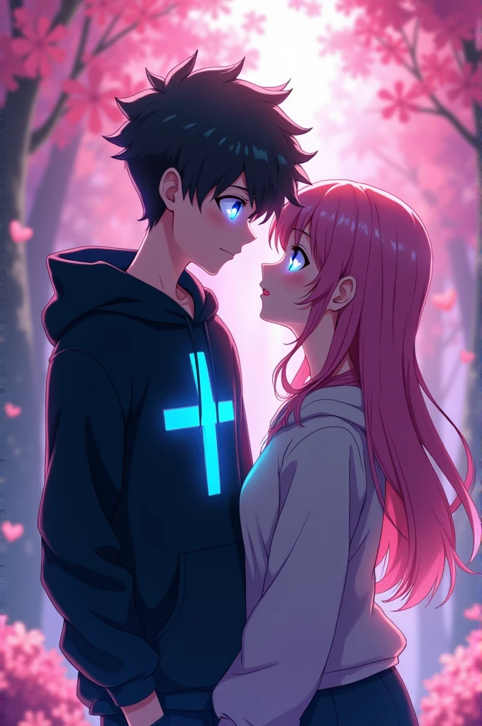 A anime boy wears a black hoodie and blue cross o the middle with glowing eyes and his pink girl friend