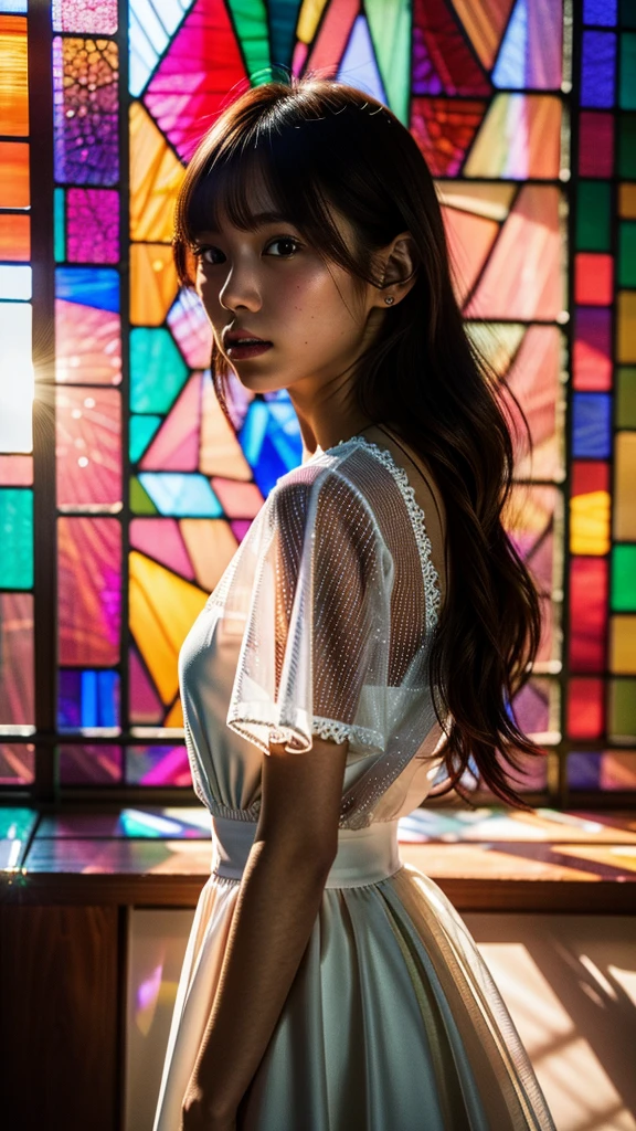 software, Concept Art, Little Junior Idol, (A white dress made of delicate lace with attention to detail), (Nipples:-0.9), Face close-up, (Intricate stained glass background:1.37), (((Renbutsu Misako), Colorful light shining through delicate stained glass:1.2, Bright red, Luminous Particles, Particles of light))(Accutance:0.8). (Professional Photo:1.2),(Very detailed:1.37), (Very detailedKAWAII顔のバリエーション, Variations of innocent facial expressions), Rosy Cheeks, Exquisite eyes with shimmering highlights, Long and voluminous eyelashes, Slight redness in the face. Mysterious sight, mist, Clear, flawless, radiant pearly skin, Captivating Gaze, ((Dynamic Angle)), Body proportions and limbs are anatomically correct . (Expose:0.44)