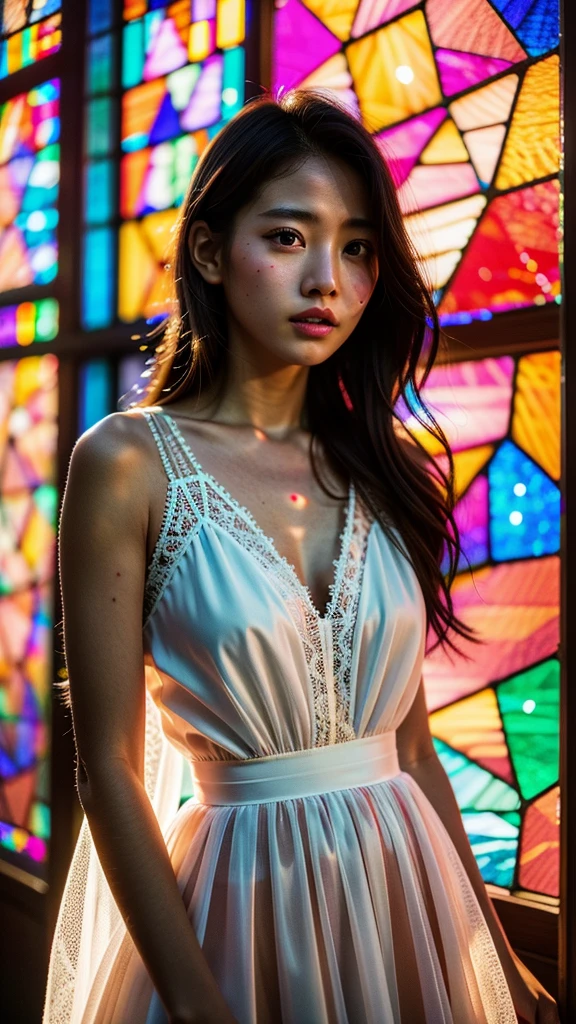 software, Concept Art, Little Junior Idol, (A white dress made of delicate lace with attention to detail), (Nipples:-0.9), Face close-up, (Intricate stained glass background:1.37), (((Renbutsu Misako), Colorful light shining through delicate stained glass:1.2, Bright red, Luminous Particles, Particles of light))(Accutance:0.8). (Professional Photo:1.2),(Very detailed:1.37), (Very detailedKAWAII顔のバリエーション, Variations of innocent facial expressions), Rosy Cheeks, Exquisite eyes with shimmering highlights, Long and voluminous eyelashes, Slight redness in the face. Mysterious sight, mist, Clear, flawless, radiant pearly skin, Captivating Gaze, ((Dynamic Angle)), Body proportions and limbs are anatomically correct . (Expose:0.44)