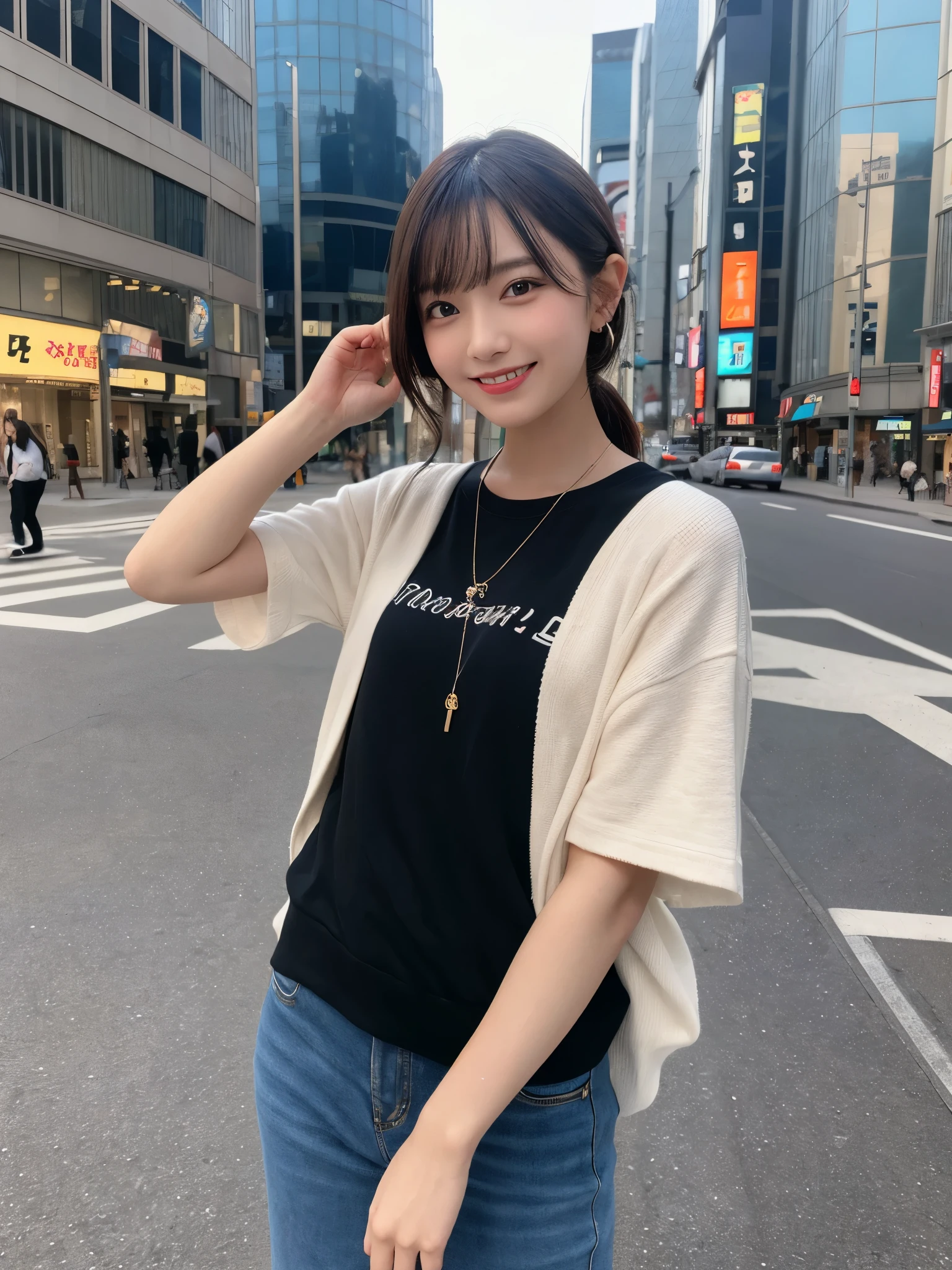 1girl, solo, highres, best_quality, masterpiece, detailed_background, intricate_details, beautiful, tokyo, shinjuku, cityscape, casual_clothes, trendy_clothes, smile, looking_at_viewer, dynamic_pose, natural_pose, candid, happy