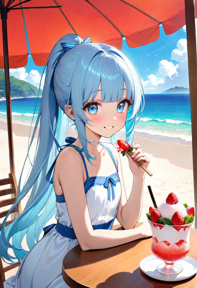 masterpiece, best quality, extremely detailed, (illustration, official art:1.1), 1 girl ,(((( light blue long hair)))), ,(((( light blue long hair)))),light blue hair, , long hair ((blush)) , cute face, big eyes, masterpiece, best quality,(((((a very delicate and beautiful girl))))),Amazing,beautiful detailed eyes,blunt bangs((((little delicate girl)))),tareme(true beautiful:1.2), sense of depth,dynamic angle,,,, affectionate smile, (true beautiful:1.2),,(tiny 1girl model:1.2),)(flat chest)、Seaside, blue eyes, ponytail, White dress, Cafe, Profile, Beach,Beach parasol, Relax, tropical juice, aquamarine hair, water drop、There is fried noodles on the table、、Eating strawberry shaved ice with relish、A cafe decorated with lots of orchid flowers、