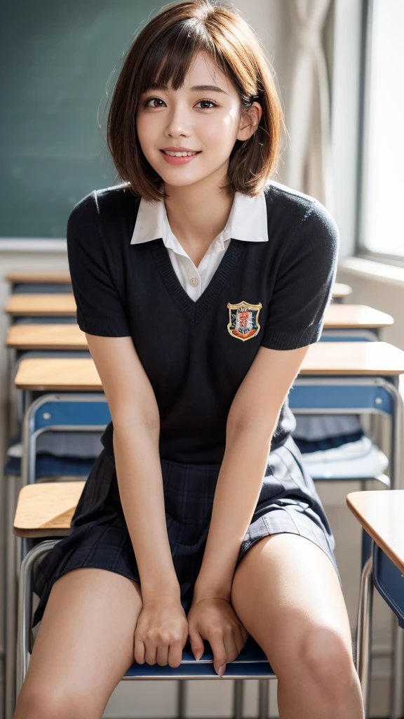 (masterpiece:1.3), (16k, photorealistic, RAW photo, best quality: 1.4),absurdres, attractive, ultra high resolution, ultra realistic, highly detailed, golden ratio, ultra detailed, super fucking beautiful detailed face, natural makeup, detailed cloth texture, detailed hair texture, beautiful detailed fullbody, Perfect female body, accurate, Anatomically correct, Highly detailed face and skin texture, (beautiful hands), (realistic skin), (beautiful pale skin:1.1), (well-aligned teeth:1.1), (Perfect dynamic composition, looking at viewer, full body shot), (Seductive pose, Straddling a chair:1.3),
BREAK,
realistic eyes, beautiful detailed eyes, symmetric eyes, Light Brown eyes, Double eyelids, Thin eyebrows, (Glossy lips:1.4), ((A face with waiting for a kiss:1.2)), (blush:1.1), (beautiful smile:1.1),
BREAK,
((short hair, bob, Dark blonde hair, bangs:1.2)), (in the School classroom, school uniform:1.3)
