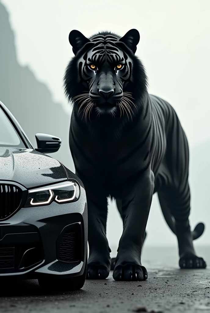 Tiger standing and wearing black coat , standing next to
black bmw car