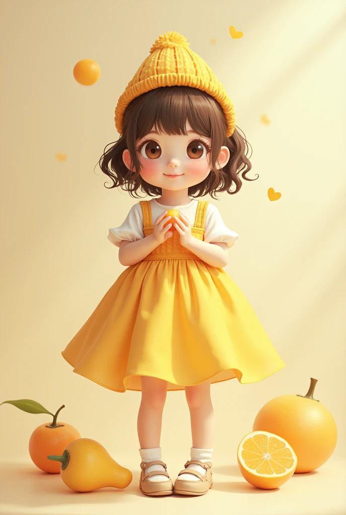 With a girl, Little、fruit, , Medium pastel yellow white, Luxury Fabric, Dithering, Widespread,Viewer Lucky Brown,In dresses、、There are no protrusions on the head、There are no protrusions on the head、Fairy