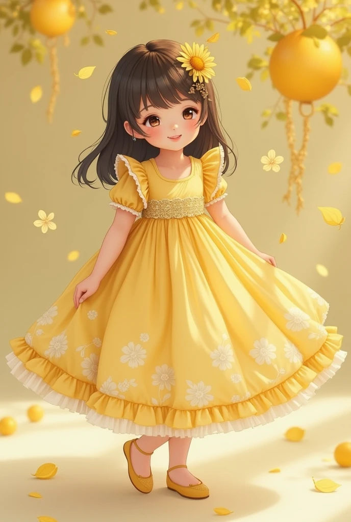 With a girl, Little、fruit, , Medium pastel yellow white, Luxury Fabric, Dithering, Widespread,Viewer Lucky Brown,In dresses、、There are no protrusions on the head、There are no protrusions on the head、Fairy