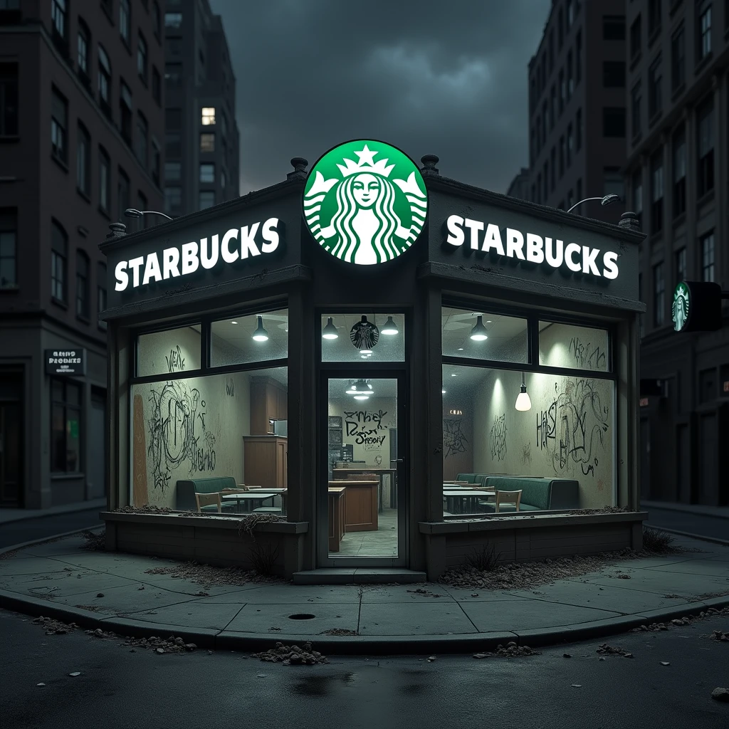 A cinematic, hyper-realistic image of a deserted Starbucks storefront at night, awash in darkness and foreboding. The iconic green Starbucks logo is dimly lit, flickering as if it's losing power. The once-vibrant store appears abandoned and neglected, with cracked windows, peeling paint, and graffiti scrawled on the walls. The surroundings are desolate, with empty streets and scattered debris. In the background, the faint outline of a crumbling city skyline under a dark, stormy sky adds to the sense of decay and decline. The overall mood is somber and unsettling, with shadows creeping around the store, symbolizing the fall of a once-thriving brand. The words "HAS STARBUCKS LOST ITS ESSENCE?" and "WHAT HAPPENED TO STARBUCKS?", cinematic