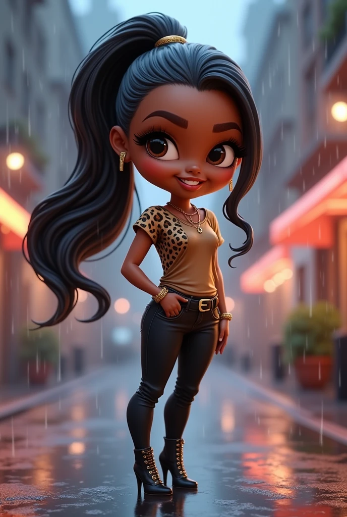 chibi-style 3D digital illustration of a African American woman brown skin. Long ponytail features black hair with brown highlights. Wears a stylish cheetah print, a brown t-shirt, black pants, and high heal boots, gold jewelry. The rainy cityscape background adds a magical ambiance, with delicate rain falling. The pose exudes happiness, confidence, and charm, set against a rainy cityscape background. Additional elements are included to make the image stand out.