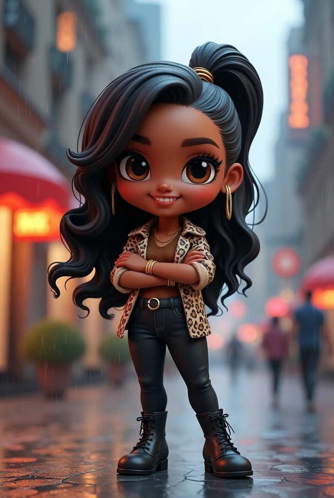 chibi-style 3D digital illustration of a African American woman brown skin. Long ponytail features black hair with brown highlights. Wears a stylish cheetah print, a brown t-shirt, black pants, and high heal boots, gold jewelry. The rainy cityscape background adds a magical ambiance, with delicate rain falling. The pose exudes happiness, confidence, and charm, set against a rainy cityscape background. Additional elements are included to make the image stand out.