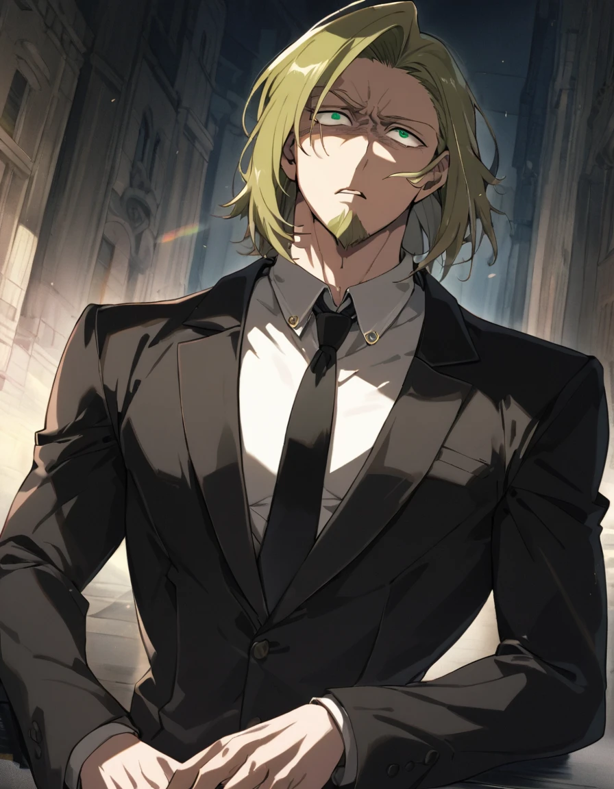 1man, man in black, vigorous mature, business hair with asymmetrical bangs, goatee, green platina blond hair, emerald eyes, BREAK 40yo, charming caucasian, slightly long chiseled face, deep set, angular jaw, facial wrinkles, crewcut, BREAK ideal ratio body proportions, middle weight muscular, beautiful detailed eyes, dark hero, best eyes, BREAK solo, funeral black suit, black necktie, white shirt, at wall street, detailed background, gloom, cool expression, natural standing, BREAK upperlegs, dramatic expression, in persona style, masculine comic art, 2010s, retro visual novel, in newest eroge style, dutch angle, cinematic shadows, cinematic lighting, lens flare, light leaks, texture, absurdres absolutely resolution, extreme all detailed, greatest painting, BREAK masterpiece, best quality
