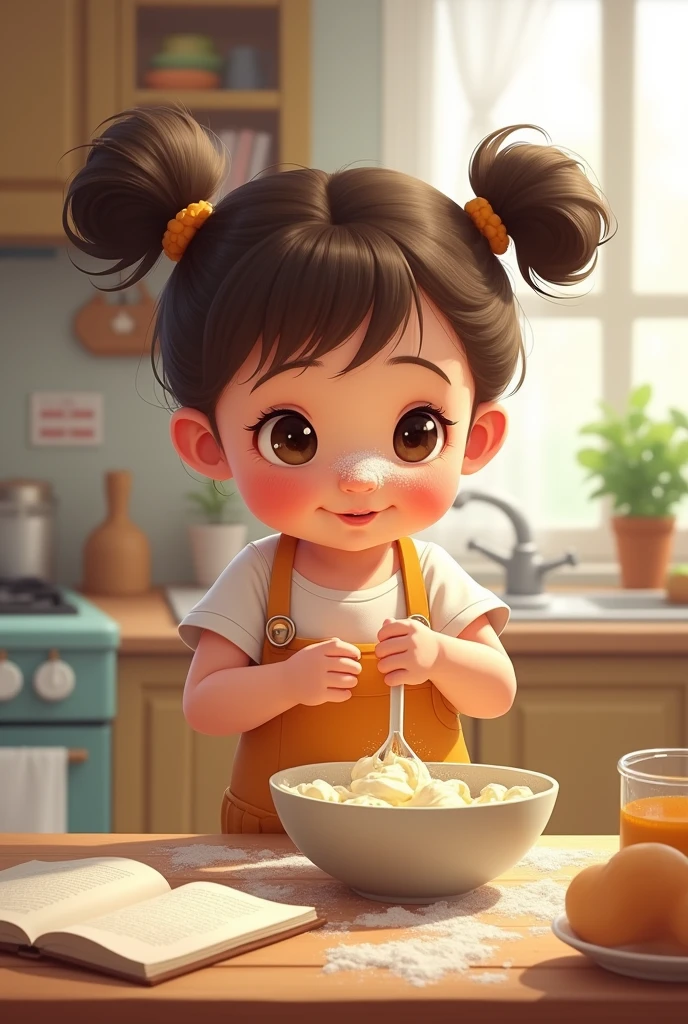 Baby with two ponytails making a cake