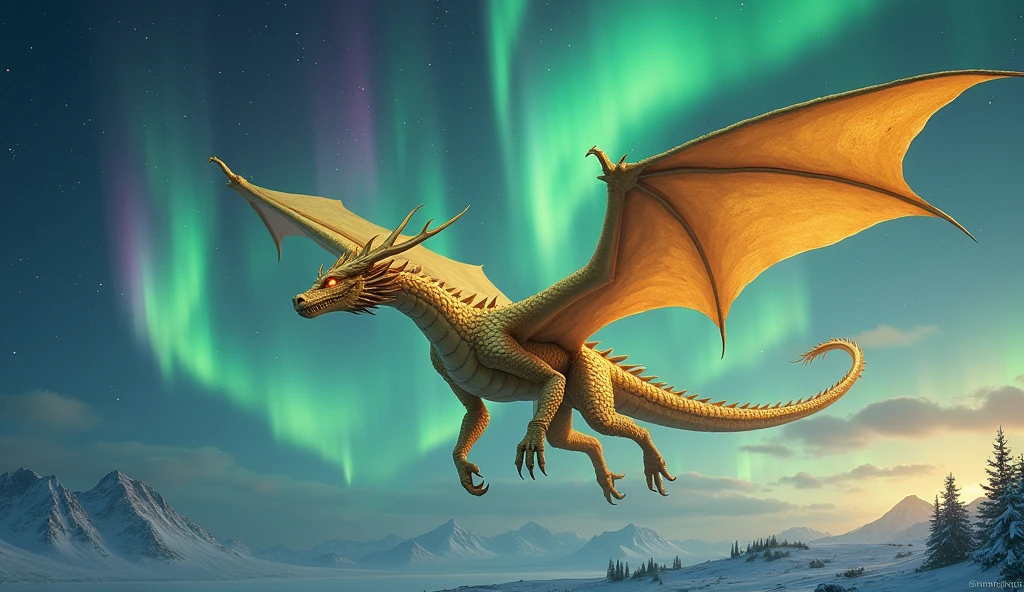 A golden dragon flys through the northern lights, 2 wings, 4 legs, dynamic pose, aurora boreal is background.