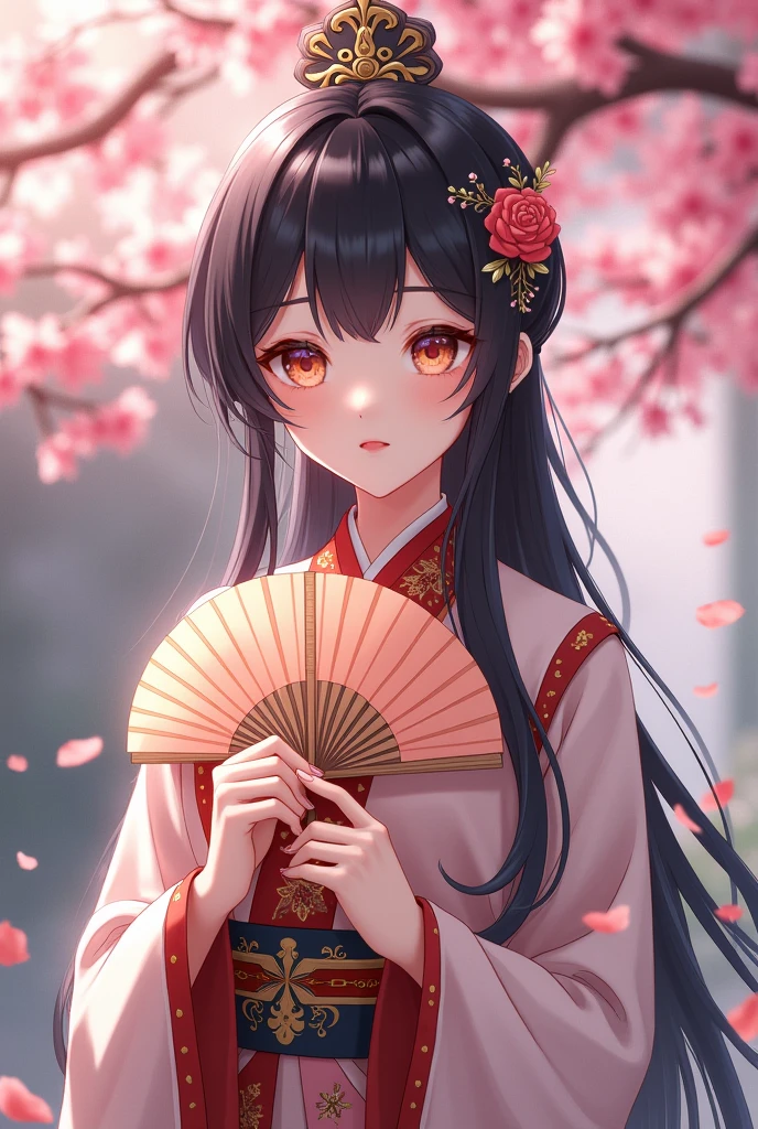 Genshin girl wearing hanfu standing fown chery blossom tree with black and peach hair color and mistyrose eyes color holding fan with smile with natural make up