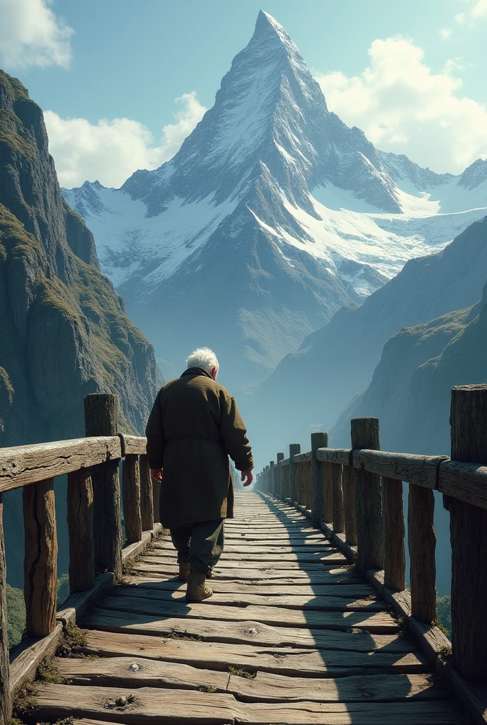 elderly man from behind climbing wooden bridge leading to high mountain