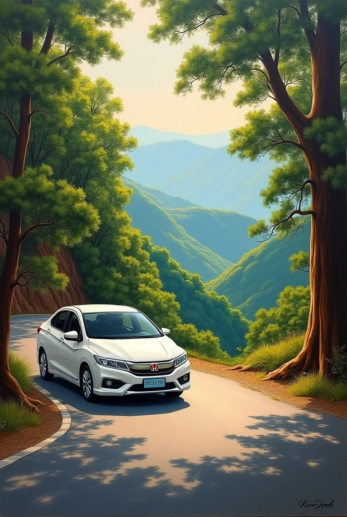 Oil painting of a road on a mountain with trees and a white Honda City 2011, license plate number Kor 2019, Phra Nakhon Si Ayutthaya.