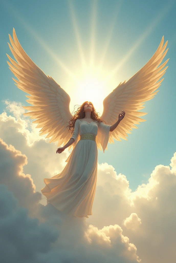 god々From the clear sky, Archangel Michael、Spreading its wings wide, it looks down from the sky。Her face is so beautiful and full of kindness。