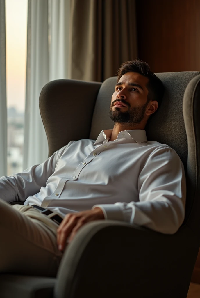a a 35 yo man from United Arab Emirates in modern, lying in hotel chair, (best quality,4k,8k,highres,masterpiece:1.2),ultra-detailed,(photo-realistic:1.),HDR,extremely detailed face and body, portrait,cinematic lighting,soft lighting, not professional photo