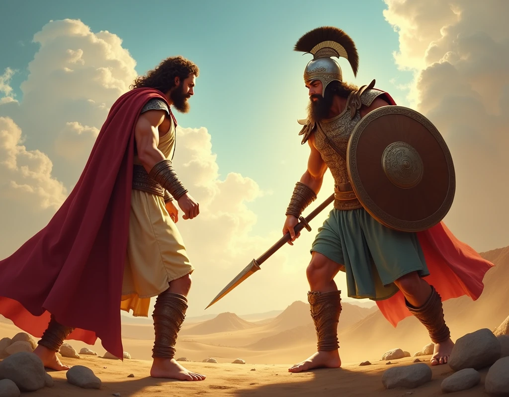 great confrontation has arrived. Goliath mocked David, considering it a joke, but David responded with courage and faith, claiming that he came in the name of the Lord of hosts. he threw a stone with his sling, and the stone hit Goliath's forehead with precision, knocking him down instantly."